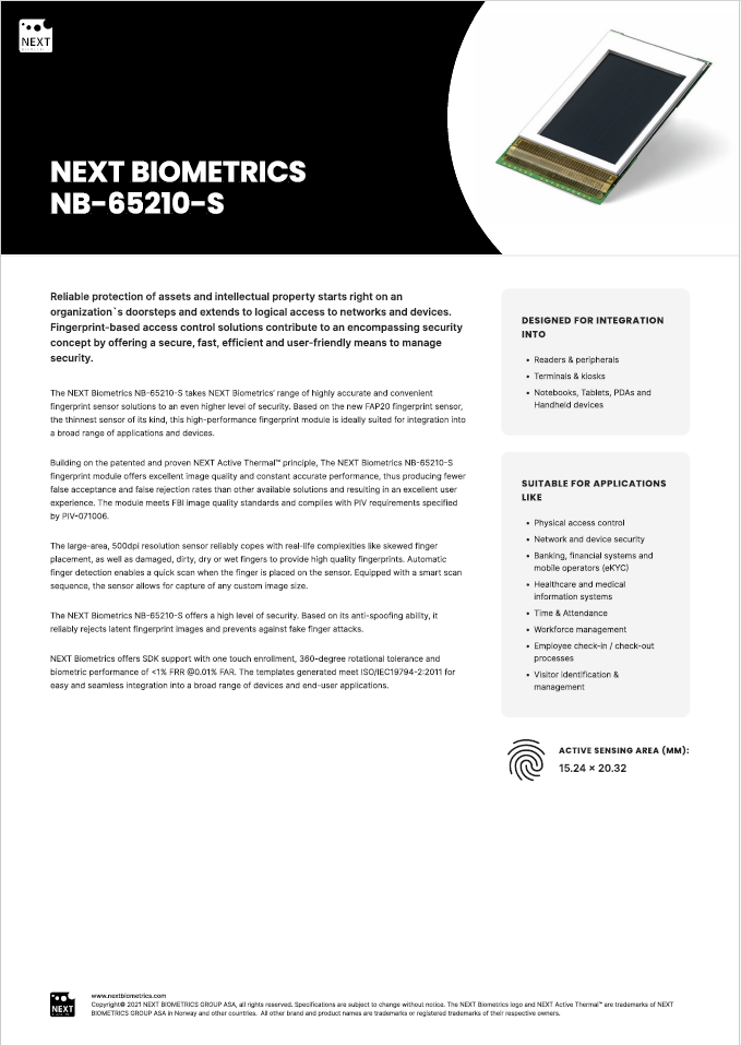 NEXT Biometrics NB-65210-S Fingerprint Module