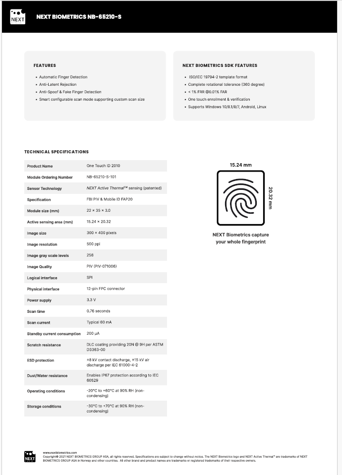NEXT Biometrics NB-65210-S Fingerprint Module