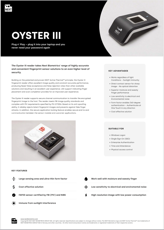 NEXT Biometrics Oyster III Fingerprint Reader